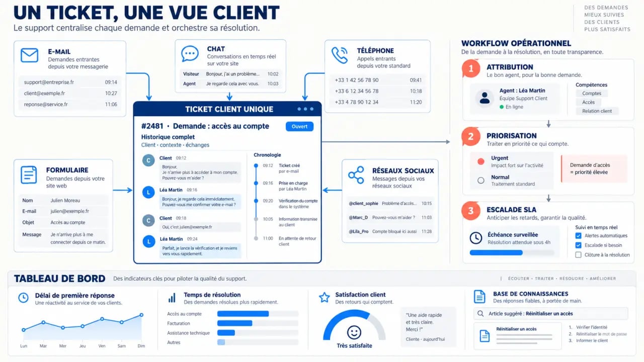 Infographie d’un logiciel support client centralisant les tickets et les canaux de contact