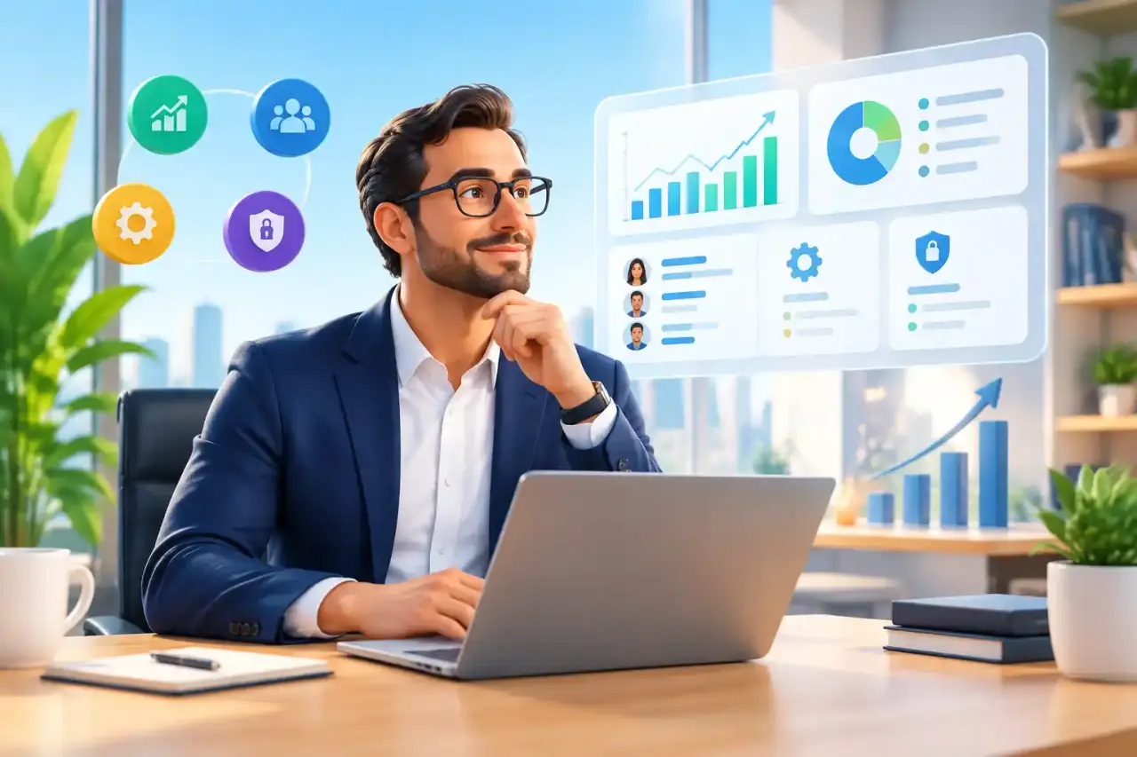 Dirigeant analysant un tableau de bord financier et opérationnel moderne