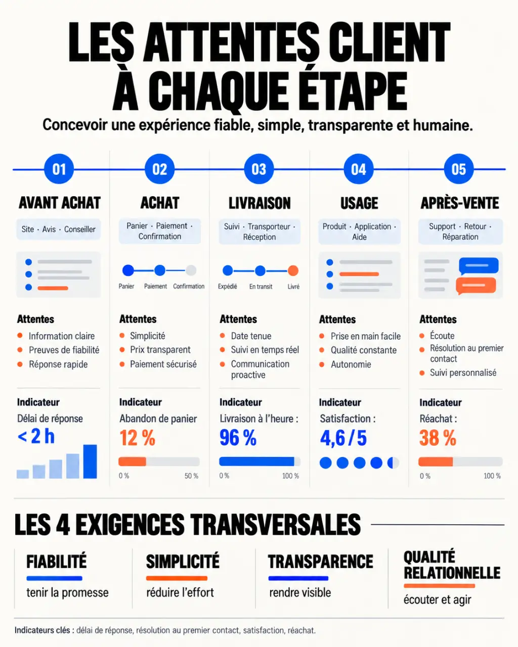 Infographie des attentes client et des indicateurs du parcours client