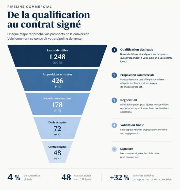 Schéma du pipeline de vente illustrant les fonctionnalités CRM pour le pilotage commercial