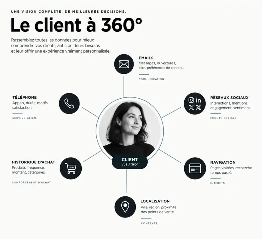 Visualisation de la vue 360 degrés des fonctionnalités CRM pour centraliser les données client