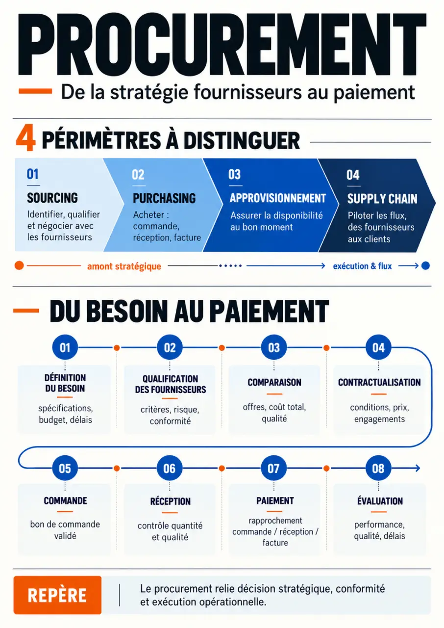 Infographie sur le procurement et les étapes du processus d’achat, du besoin au paiement