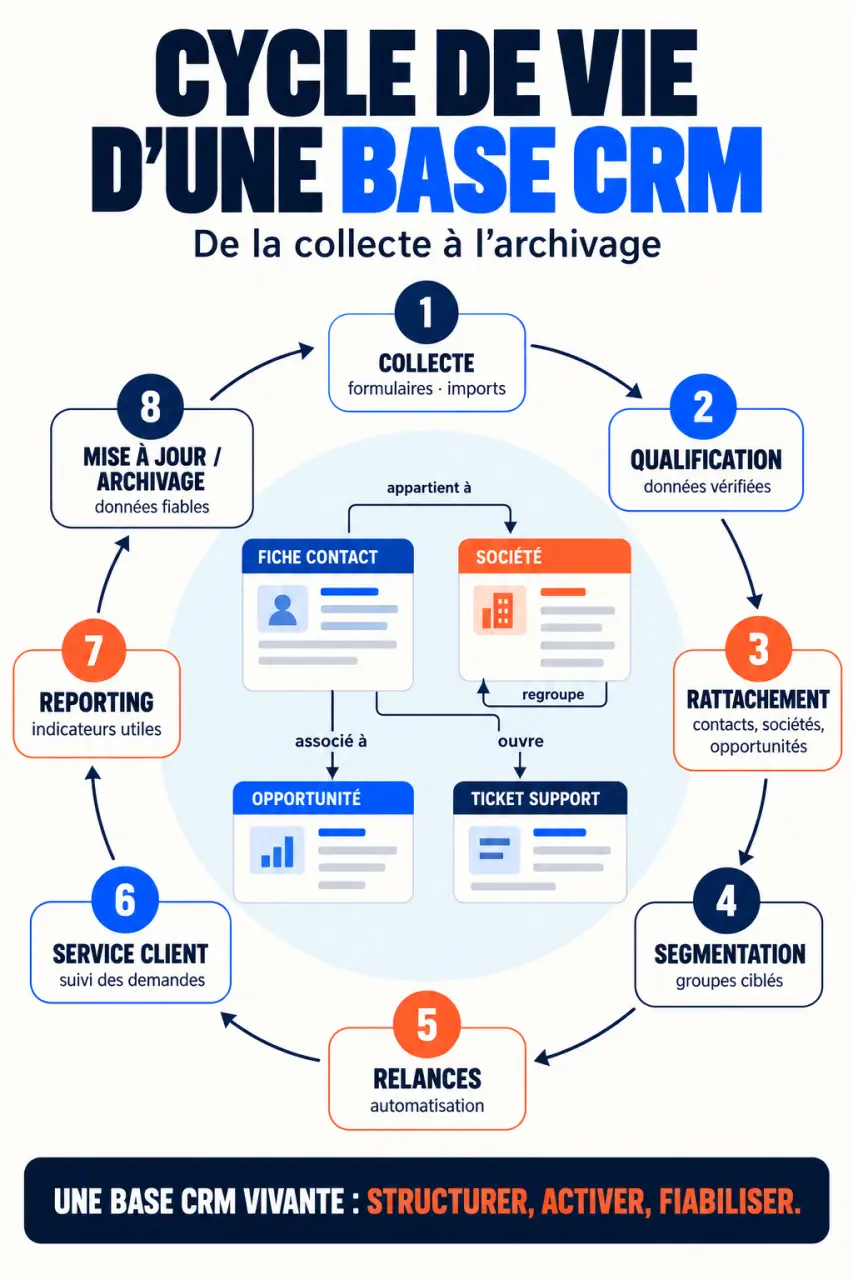 Cycle de vie d'une base de données CRM, de la collecte au reporting