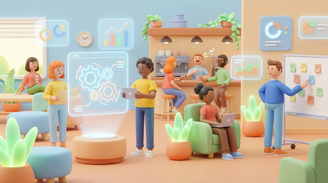 Équipe diverse travaillant dans un bureau ouvert lumineux avec vue panoramique urbaine