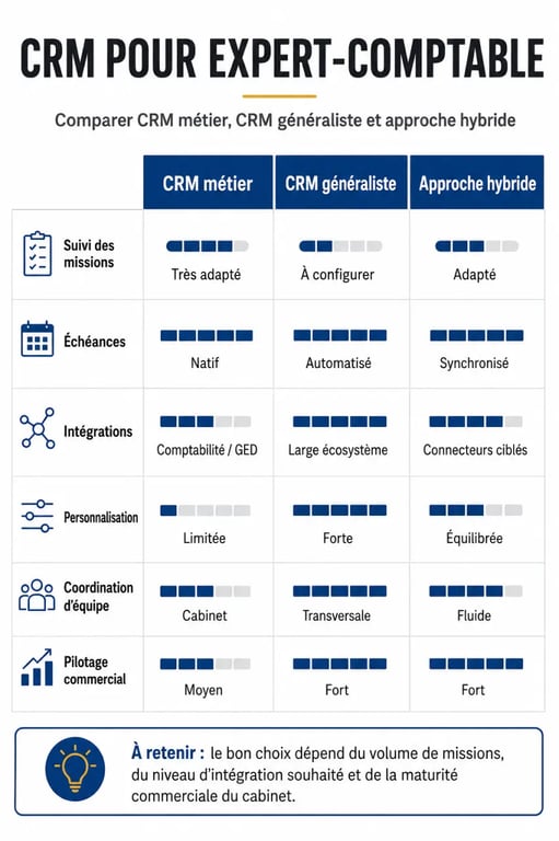 CRM expert comptable : infographie comparative entre CRM métier, CRM généraliste et approche hybride