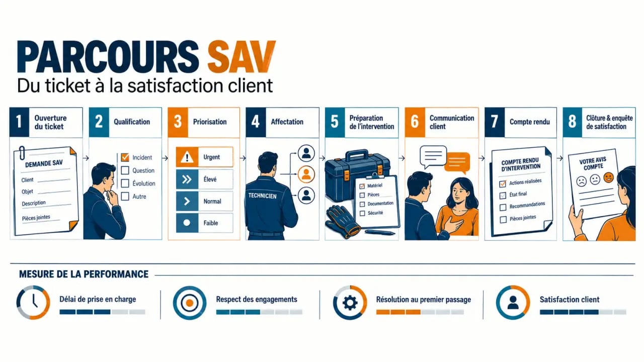 Parcours complet de gestion du SAV, de l’ouverture du ticket à la satisfaction client