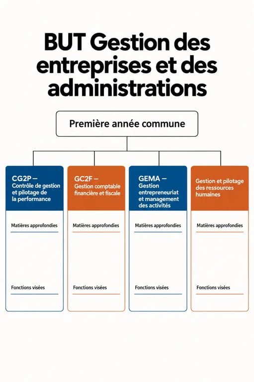 Infographie DUT gestion entreprise administration : les quatre parcours du BUT GEA et leurs débouchés