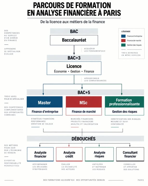 Infographie des parcours de formation en analyse financière à Paris et des principaux débouchés