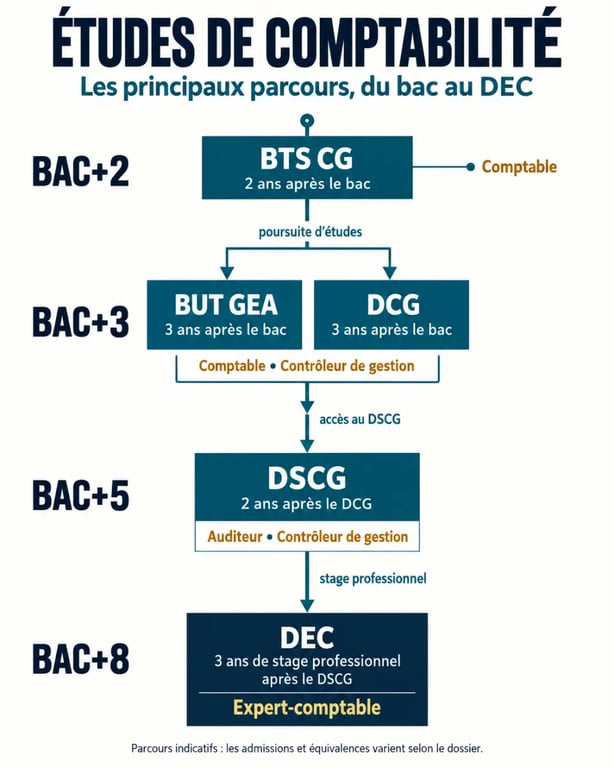 Infographie des études de comptabilité du BTS CG au DEC et des principaux débouchés