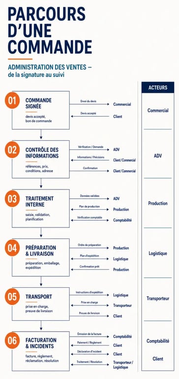 Administration vente : infographie du parcours d'une commande de la réception à la facturation