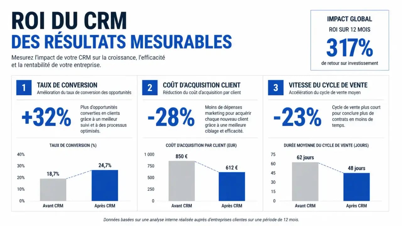 Infographie des indicateurs clés de performance et du retour sur investissement d'un CRM avec intelligence artificielle
