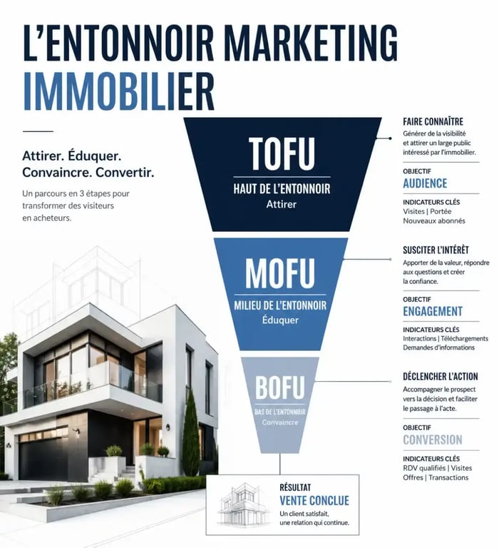 Entonnoir de conversion marketing immobilier TOFU MOFU BOFU