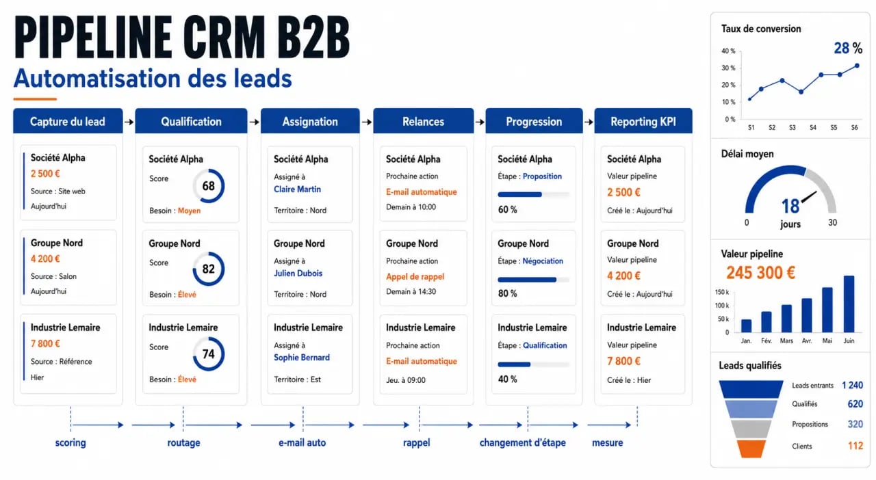 CRM gestion leads pipeline automatisation : tableau de bord CRM B2B avec pipeline commercial et workflows
