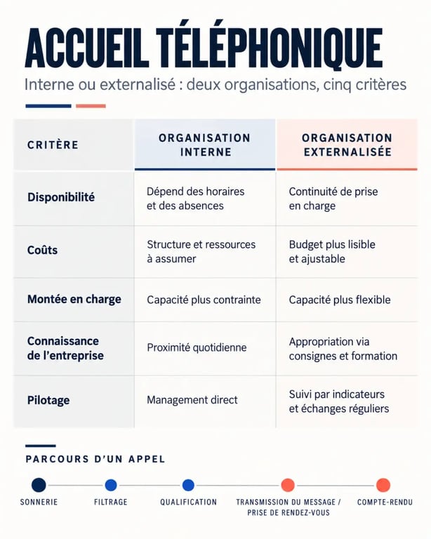 Infographie sur l’accueil téléphonique externalisé comparant gestion interne et externalisation