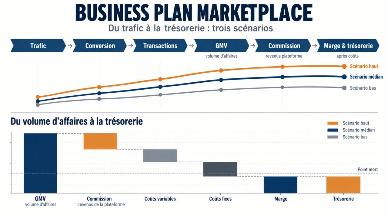 Infographie du business plan marketplace avec GMV, revenus, coûts et point mort