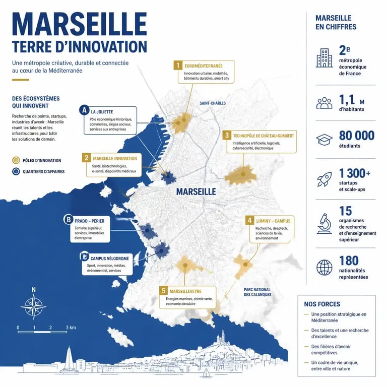 Carte des pôles d'innovation et quartiers d'affaires pour la création entreprise marseille