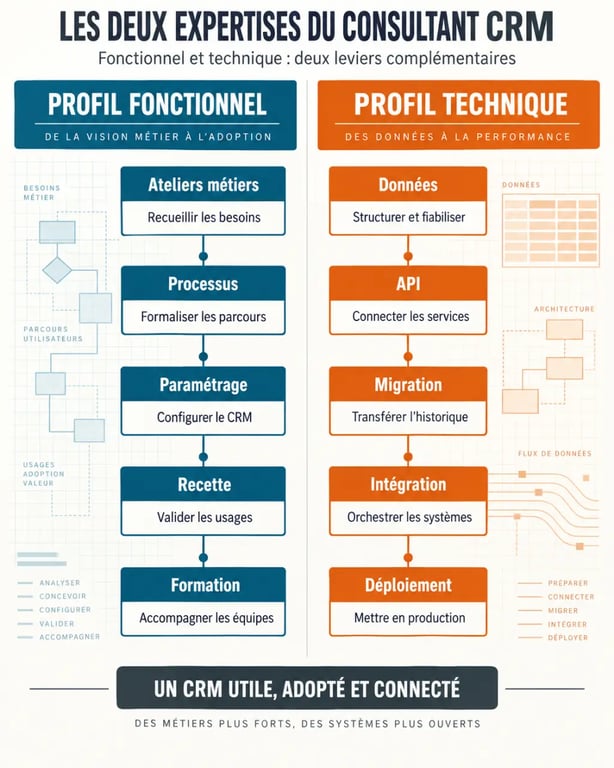 Infographie des rôles du consultant CRM fonctionnel et technique